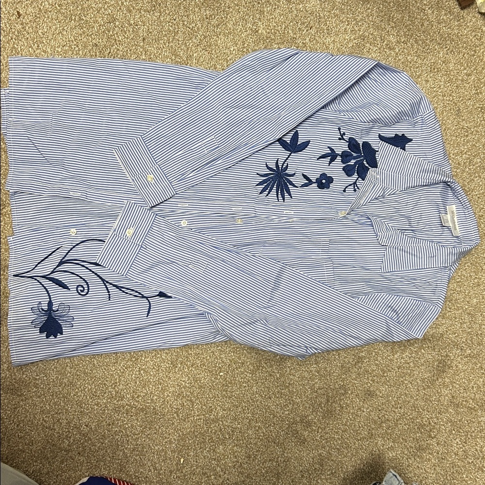 Motherhood Maternity embroidered floral Blue Striped Shirt